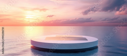 3D rendered circular platform on water featuring glass wall panels Minimalistic landscape mockup for product display banner in sunset hues Contemporary promotional setup Geometric backdrop with ope