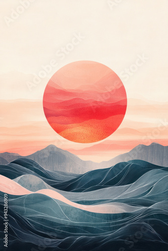 Pastel Sun Illustration, A calming illustration featuring a sun design with soft waves and lines, all in gentle pastel colors against a tranquil background
