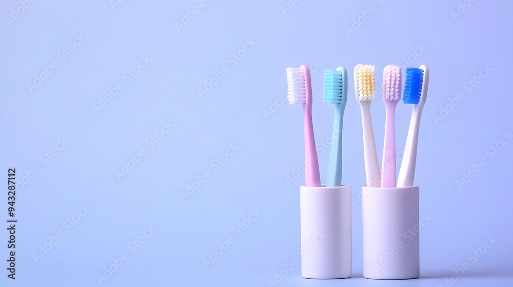 A collection of toothbrushes in various colors and shapes is depicted inside an isolated white cup on a clean background, representing the diversity that comes with using different types of brushes fo A collection of toothbrushes in various colors and shapes is depicted inside an isolated white cup on a clean background, representing the diversity that comes with using different types of brushes fo