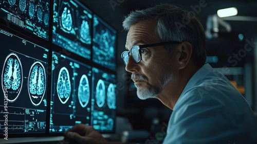 Neurologist using a 3D holographic brain scan to identify neurological disorders and plan treatment Stock Photo with copy space