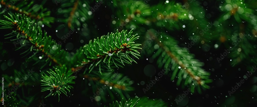 Close-up of Green Pine Tree Branches with Snowflakes Falling Close-up of Green Pine Tree Branches with Snowflakes Falling