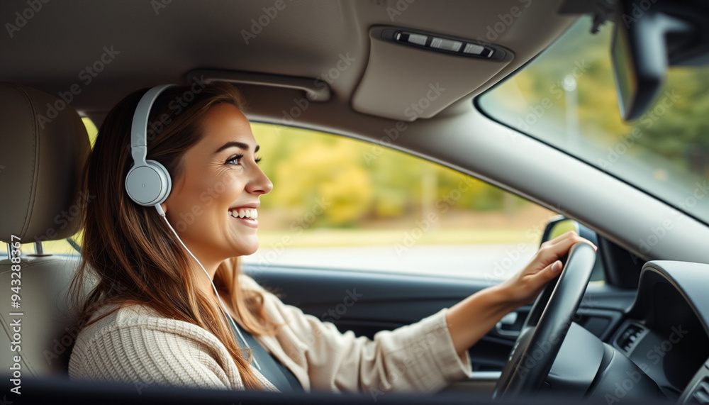 Naklejka premium Happy Lady Enjoying Music While Driving Alone in a Car