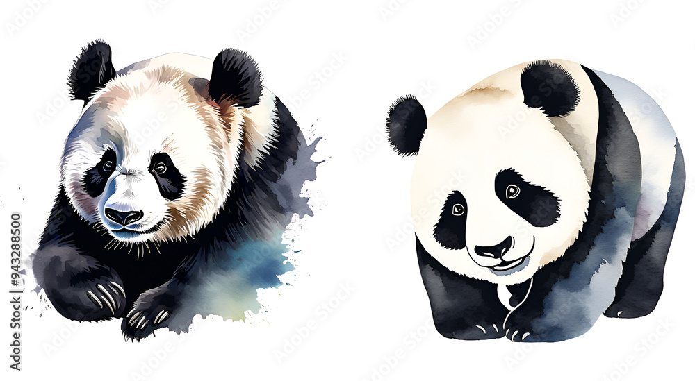 Naklejka premium Charming watercolor illustrations of two adorable giant pandas. The artwork captures the beauty and playfulness of these beloved animals in vibrant detail.