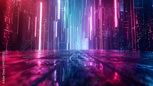 3d technology abstract neon light background, empty space scene, spotlight, dark night, virtual reality, cyber futuristic sci-fi background, street floor studio for mock up. colored geometric.