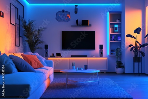 Modern living room illuminated by neon lights at night