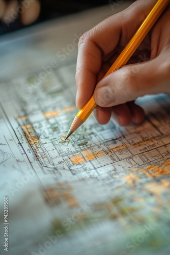 Hand Drawing Blueprints, A close-up image of a hand sketching designs on architectural blueprints using a yellow pencil, showcasing detailed planning and creativity