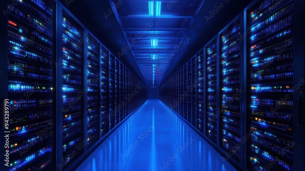High-Tech Data Center Filled with Blue-Lit Server Racks in a Modern Facility High-Tech Data Center Filled with Blue-Lit Server Racks in a Modern Facility