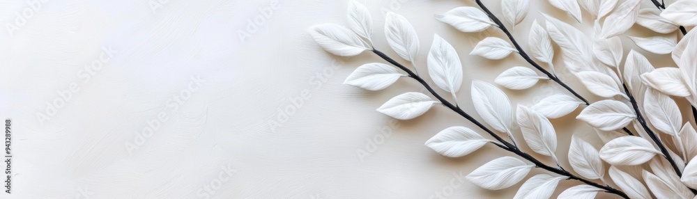 Elegant Minimalist Composition of White Branch with Leaves Against Plain Background Elegant Minimalist Composition of White Branch with Leaves Against Plain Background