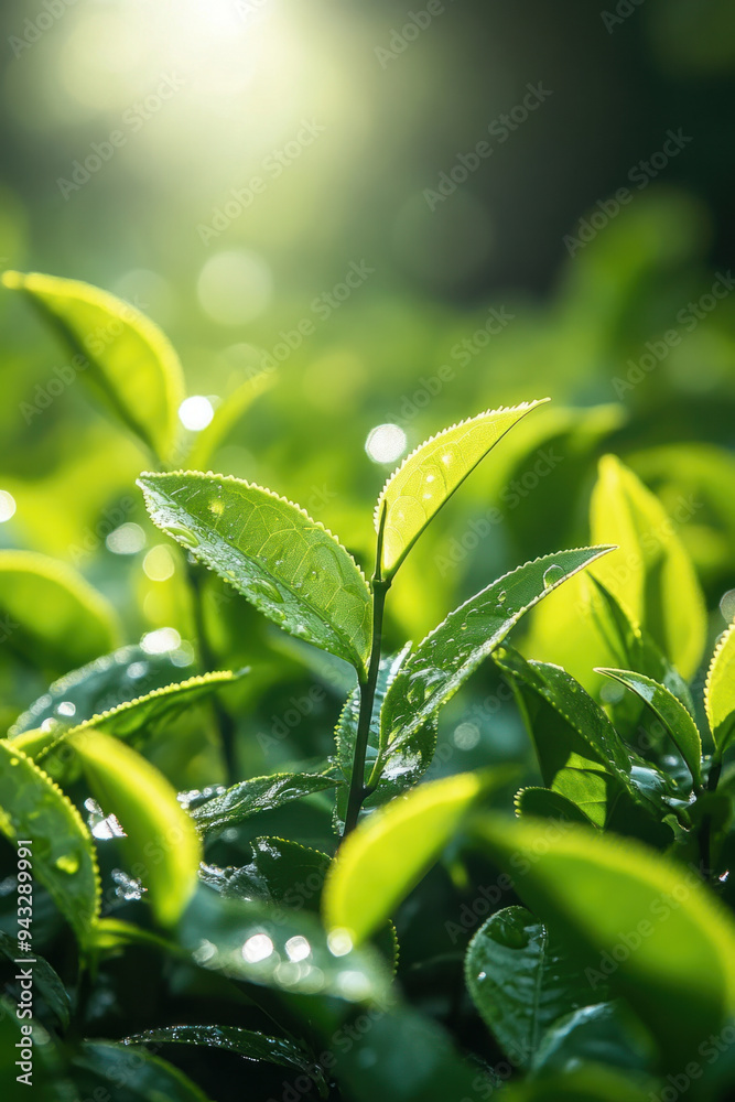 Green Tea Leaves,  A close-up view of vibrant green tea leaves illuminated by sunlight, showcasing their fresh and healthy appearance