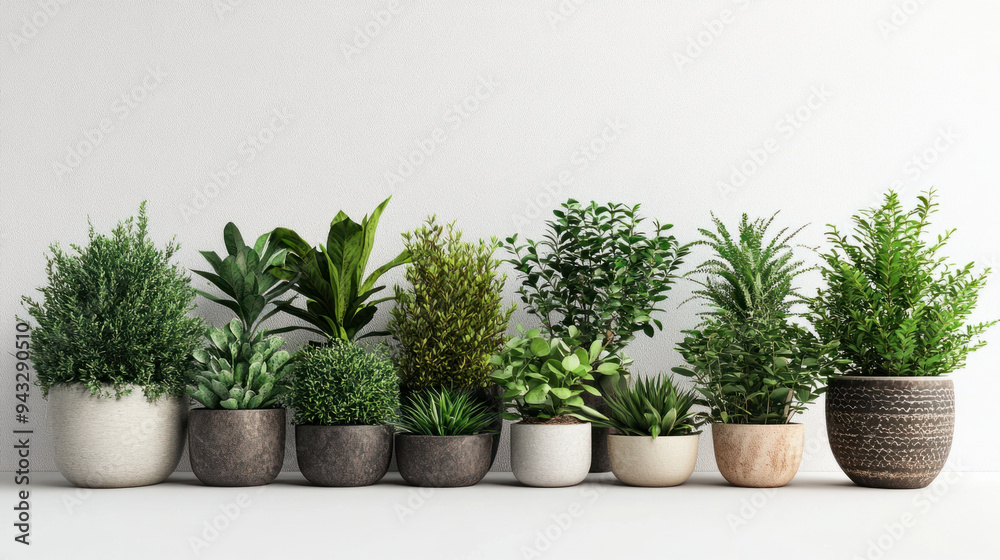 Fototapeta premium Green Potted Plants, A collection of various green plants displayed in pots against a clean white backdrop, perfect for home decor and gardening inspiration