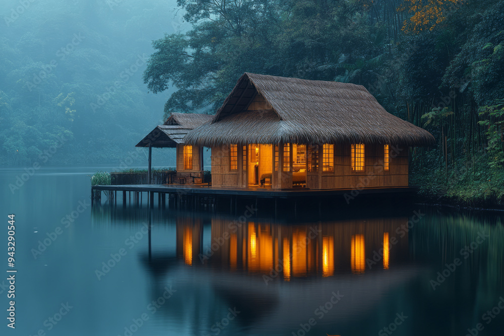 A serene scene of a bamboo hut by a lake, with reflections of the house and surrounding trees in the still water, A serene scene of a bamboo hut by a lake, with reflections of the house and surrounding trees in the still water,