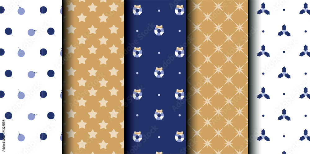 Set of Christmas vector seamless pattern. Merry Christmas and Happy New Year. Christmas symbols background. Vector gold and blue seamless illustration Set of Christmas vector seamless pattern. Merry Christmas and Happy New Year. Christmas symbols background. Vector gold and blue seamless illustration