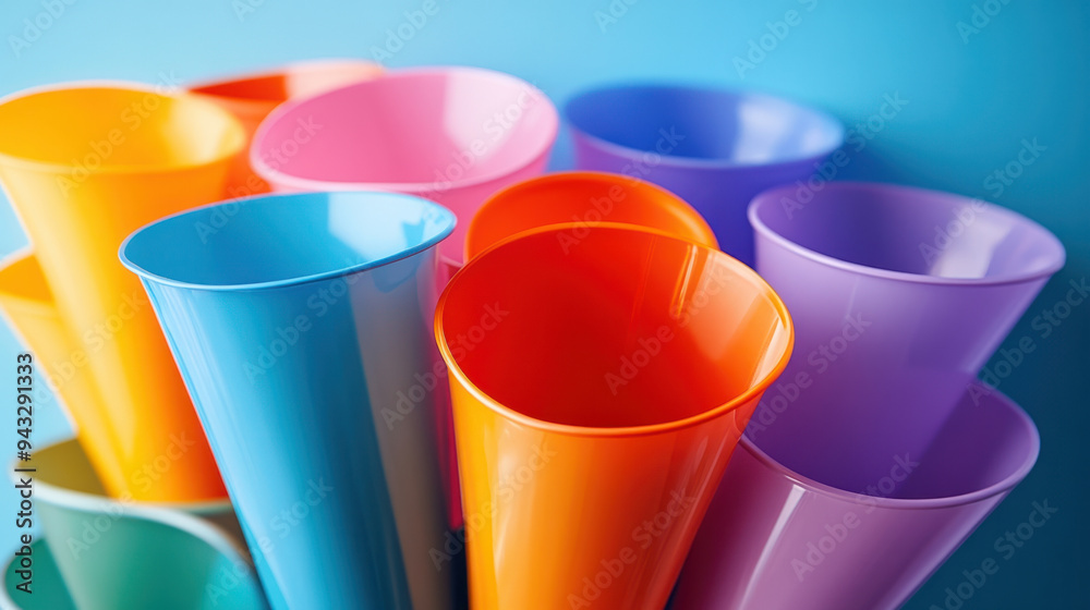 Colorful Plastic Funnels,  A collection of vibrant plastic funnels stacked together, set against a bright blue background for fun and creative projects
