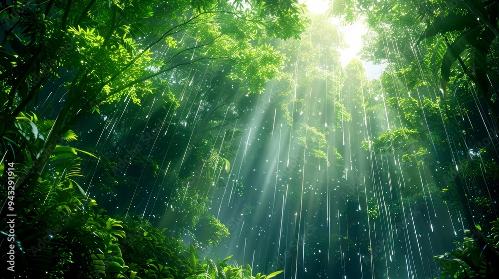 Fototapeta premium Sunlight Filtering Through Rain in a Lush Green Forest