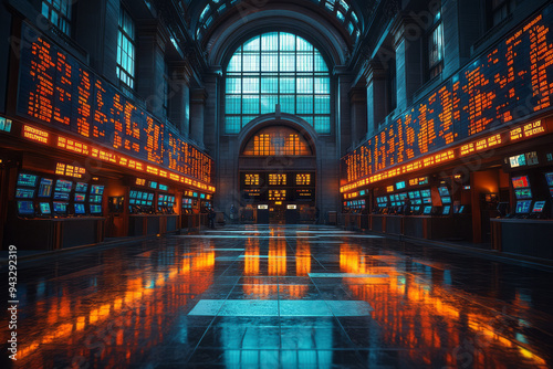A stock exchange floor with large screens displaying the trading activity of major corporations, symbolizing the heartbeat of shareholder capitalism,
