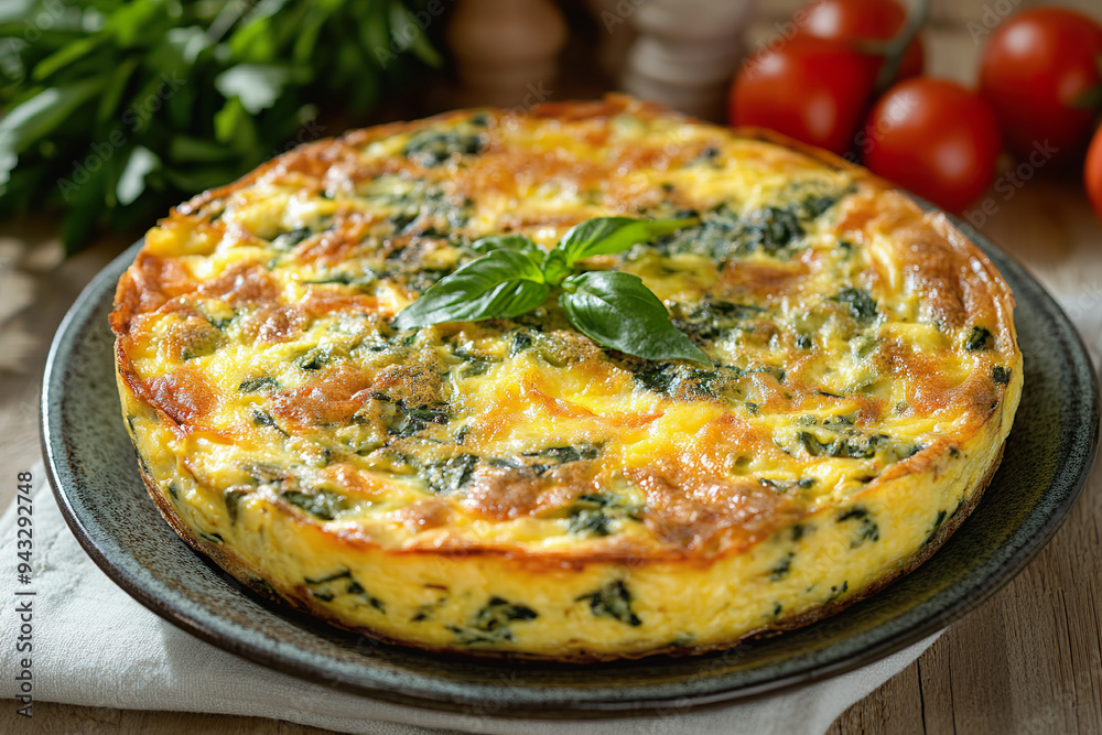 Delicious frittata with spinach and herbs served on a wooden table Delicious frittata with spinach and herbs served on a wooden table
