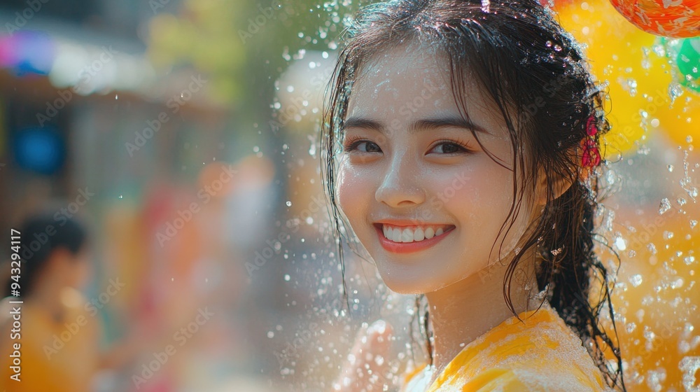 Smiling Woman Covered in Water During a Water Festival