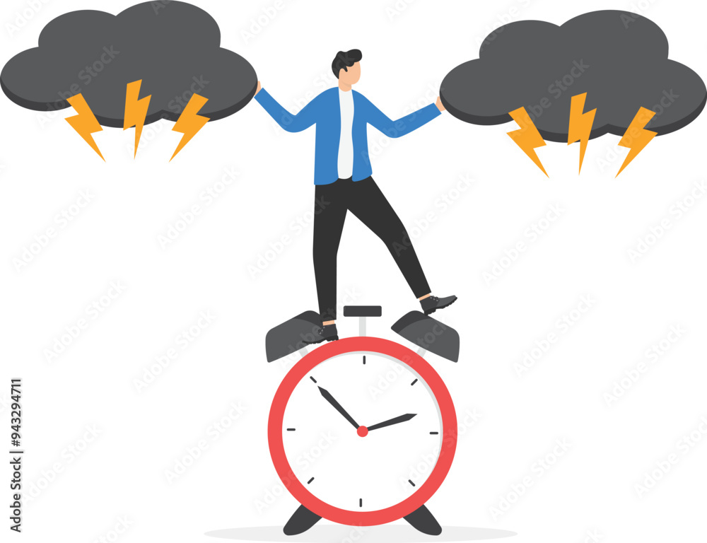 a man in a business suit stands on a pile of clock and disperses dark clouds with his hands,
a man in a business suit stands on a pile of clock and disperses dark clouds with his hands,