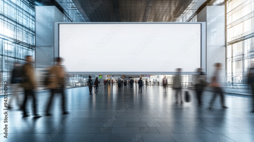 Large blank white banner displayed inside bustling train station, positioned at the end of a long corridor, commuters moving quickly in foreground, dynamic motion and modern architecture