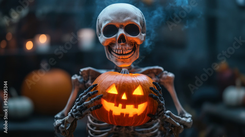 A skeletal figure holds a jack-o'-lantern that radiates a bright, ghostly glow. The pumpkin’s illumination creates a hauntingly beautiful contrast with the dark skeleton.