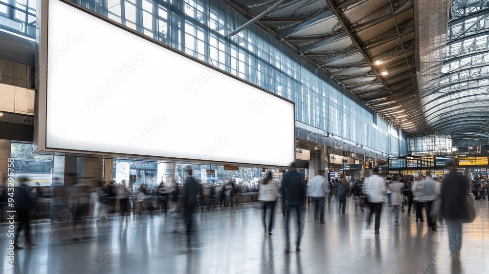Dynamic train station with a blank white banner, commuters rushing past, modern industrial architecture making the banner a key focal point for potential advertisements Dynamic train station with a blank white banner, commuters rushing past, modern industrial architecture making the banner a key focal point for potential advertisements