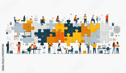 diverse people working together to assemble large puzzle pieces, symbolizing collaboration and the development process in marketing. 