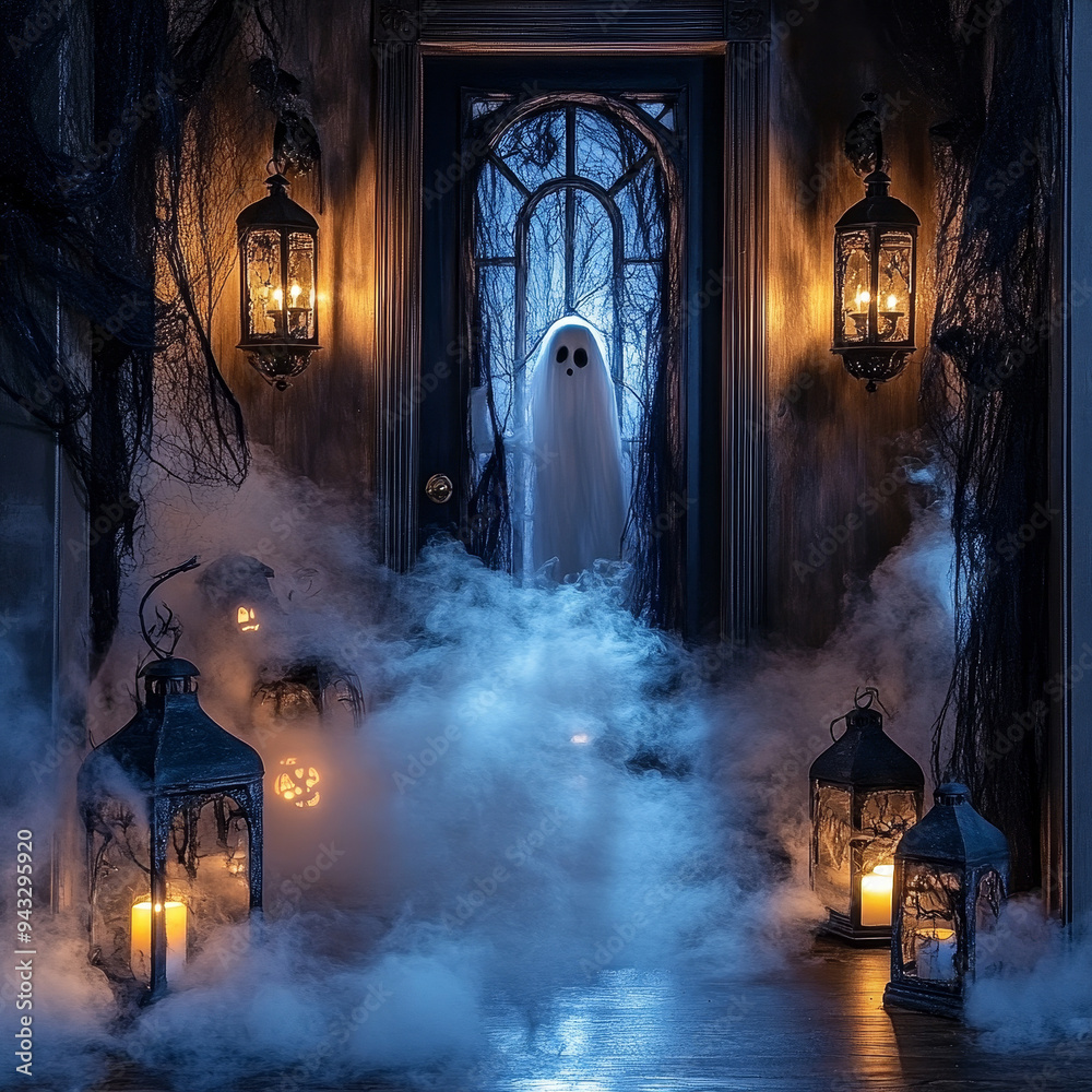 Fototapeta premium A haunted Halloween entryway with eerie fog, flickering lanterns, cobweb-draped mirrors, and a ghostly figure peeking from behind a door, setting a chilling tone as you enter the house
