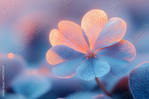 A glowing four-leaf clover, representing luck and happiness, on a pastel-colored backdrop,