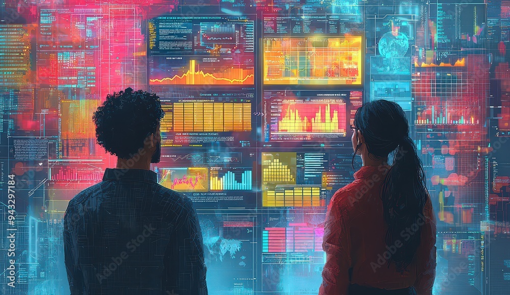 two people in front of an interactive screen displaying various web pages, graphs, and charts with colorful icons representing different online marketing trends two people in front of an interactive screen displaying various web pages, graphs, and charts with colorful icons representing different online marketing trends
