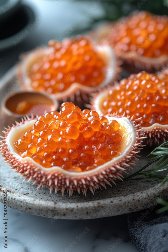 Close-up of sea urchins opened to reveal vibrant roe, arranged on a marble slab, Close-up of sea urchins opened to reveal vibrant roe, arranged on a marble slab,