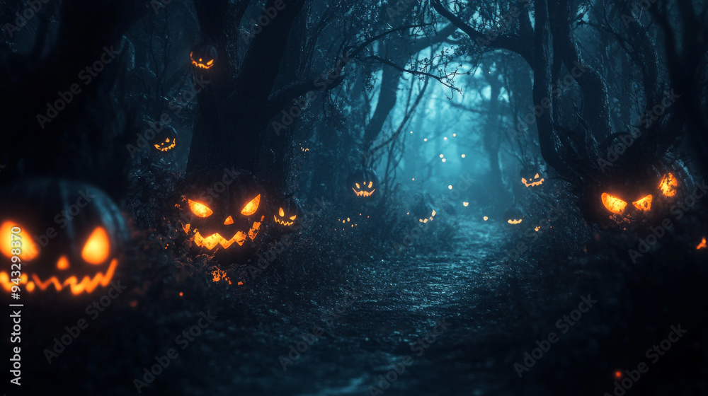A foggy, atmospheric forest with glowing pumpkins adding a touch of light and mystery, ideal for Halloween-themed designs. A foggy, atmospheric forest with glowing pumpkins adding a touch of light and mystery, ideal for Halloween-themed designs.