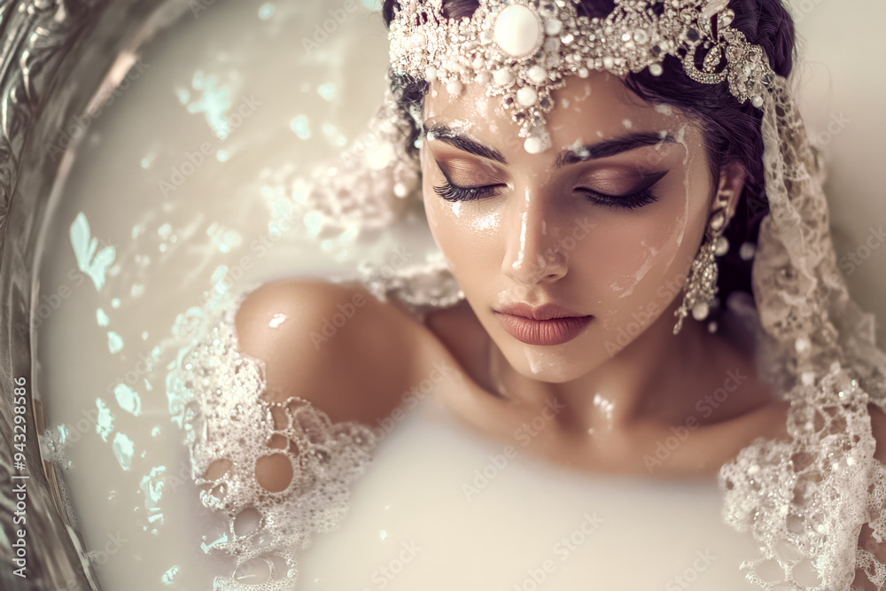 Legendäre Ägyptische Königin, Kleopatra badet in Milch, Generative AI