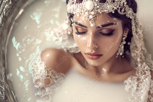 Obraz na płótnie Legendäre Ägyptische Königin, Kleopatra badet in Milch, Generative AI w salonie