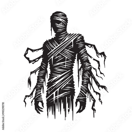 Horror Clipart - Halloween Horror  Silhouette -  Mummy Wrapped With Tattered Bandage Illustration in black and white