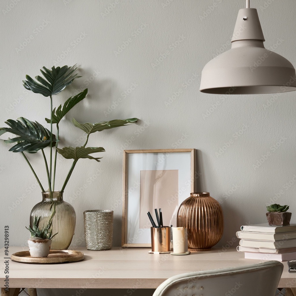 Fototapeta premium bureau créatif minimaliste rangé en illustration ia avec livre, tasse à café et livres