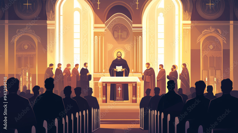 A vector illustration of people praying in a church, with a priest ...