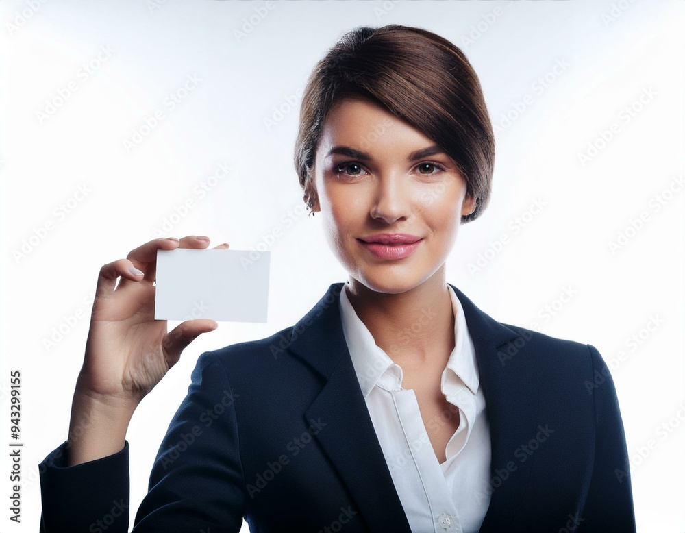 jeune femme en tenue professionnelle tenant une carte de visite vierge avec zone d'écriture en ia jeune femme en tenue professionnelle tenant une carte de visite vierge avec zone d'écriture en ia