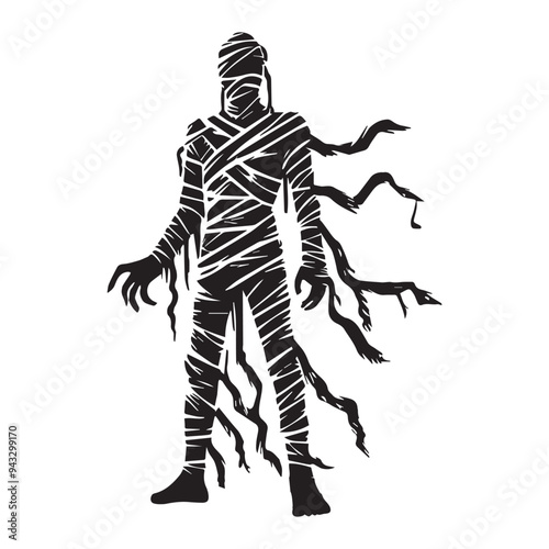 Horror Clipart - Halloween Horror  Silhouette - Mummy Wrapped With Tattered Bandage Illustration in black and white