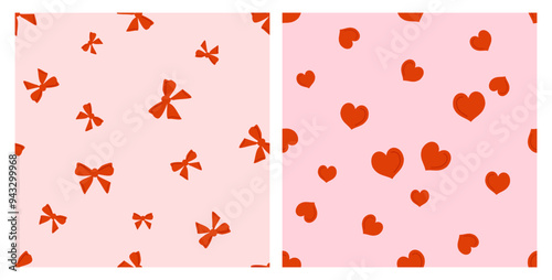 Seamless pattern with ribbon bow and red hearts on pink backgrounds vector.