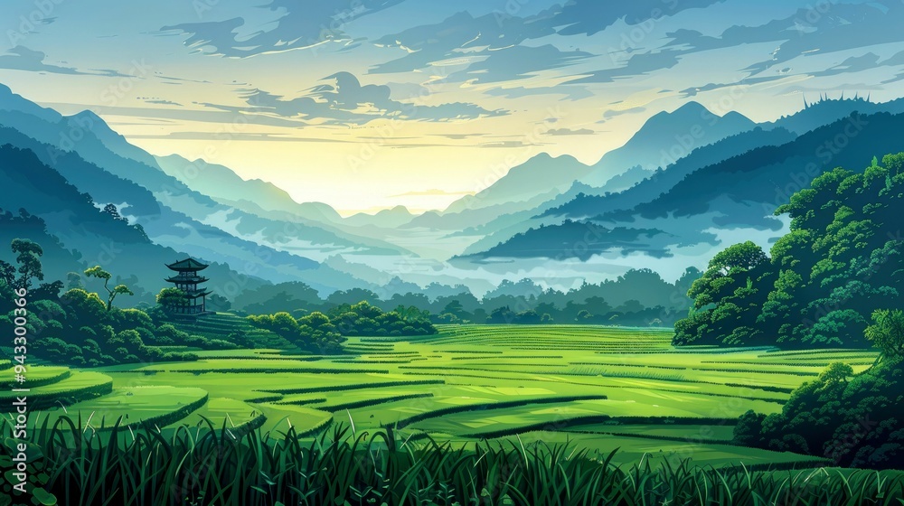 Pagoda in the Valley with Lush Green Rice Fields Pagoda in the Valley with Lush Green Rice Fields