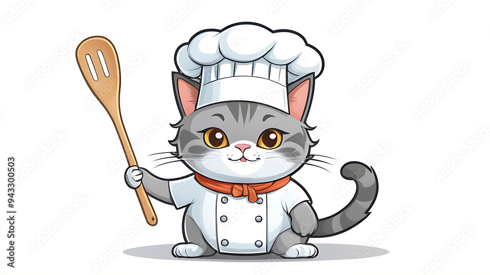 a cat wearing a chef hat and holding a spatula, representing cooking, on a white background. a cat wearing a chef hat and holding a spatula, representing cooking, on a white background.