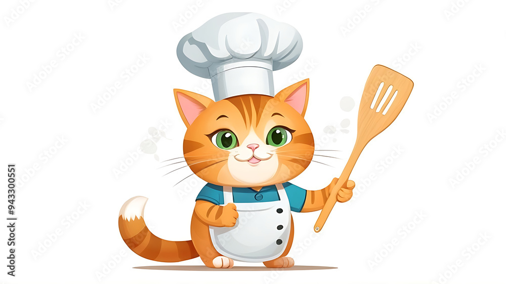 a cat wearing a chef hat and holding a spatula, representing cooking, on a white background. a cat wearing a chef hat and holding a spatula, representing cooking, on a white background.