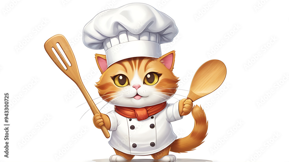a cat wearing a chef hat and holding a spatula, representing cooking, on a white background. a cat wearing a chef hat and holding a spatula, representing cooking, on a white background.