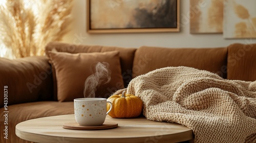 Cozy Autumn Room with Warm Blanket, Tea, and Elegant Fall Decor