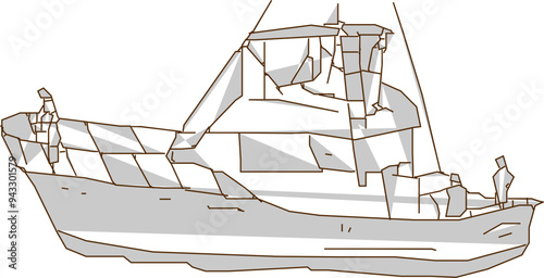 Vector sketch illustration silhouette design detailed image of a fishing boat fishing boat sailing in the sea