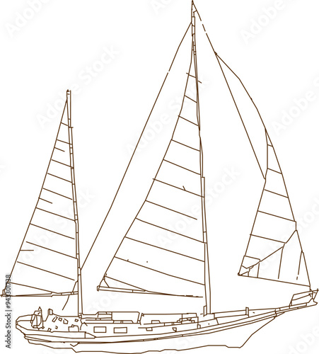 Vector sketch illustration silhouette design detailed drawing of fisherman sailboat sailing in the sea 