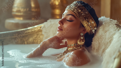 Legendäre Ägyptische Königin, Kleopatra badet in Milch, Generative AI