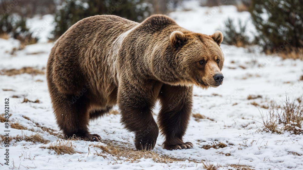 Obraz premium A Majestic Grizzly Bear Moving Gracefully Through an Expansive, SnowCovered Terrain