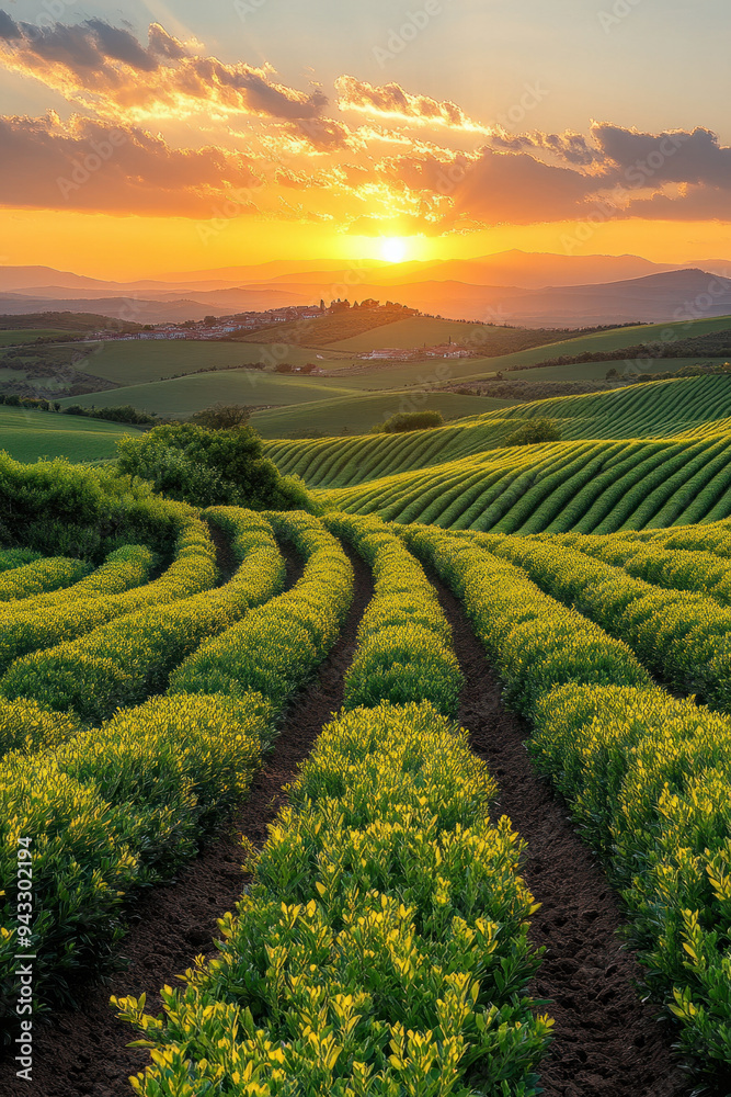 Green Bushes Field,  A picturesque landscape showcasing rows of vibrant green bushes stretching across a field during the beautiful hues of sunset