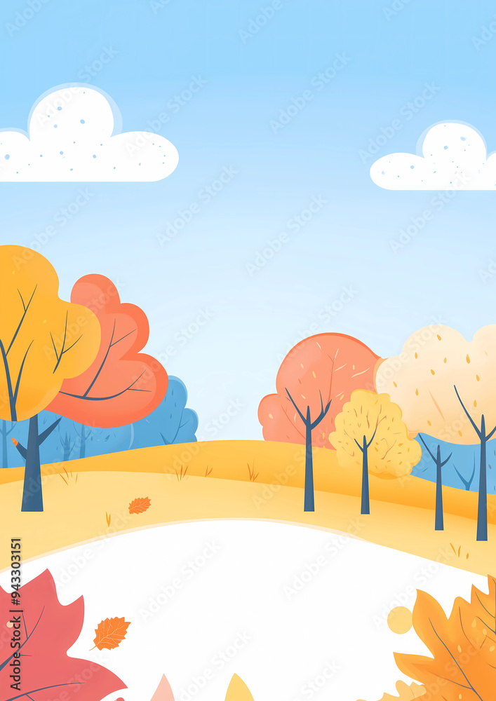 Cartoon illustration of autumn landscape with yellow, orange, and brown colored trees in the park. Flat autumn background. Autumn celebration landscape background Cartoon illustration of autumn landscape with yellow, orange, and brown colored trees in the park. Flat autumn background. Autumn celebration landscape background